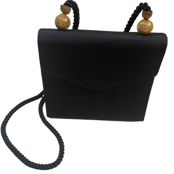 Women Evening Bag Black Gold Finish Design and Rope Straps Inside Flap Pocket - Picture 5 of 16